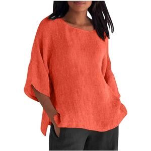 Cotton Linen Shirts for Women Square Neck 3/4 Sleeve -Orange- Size L- M